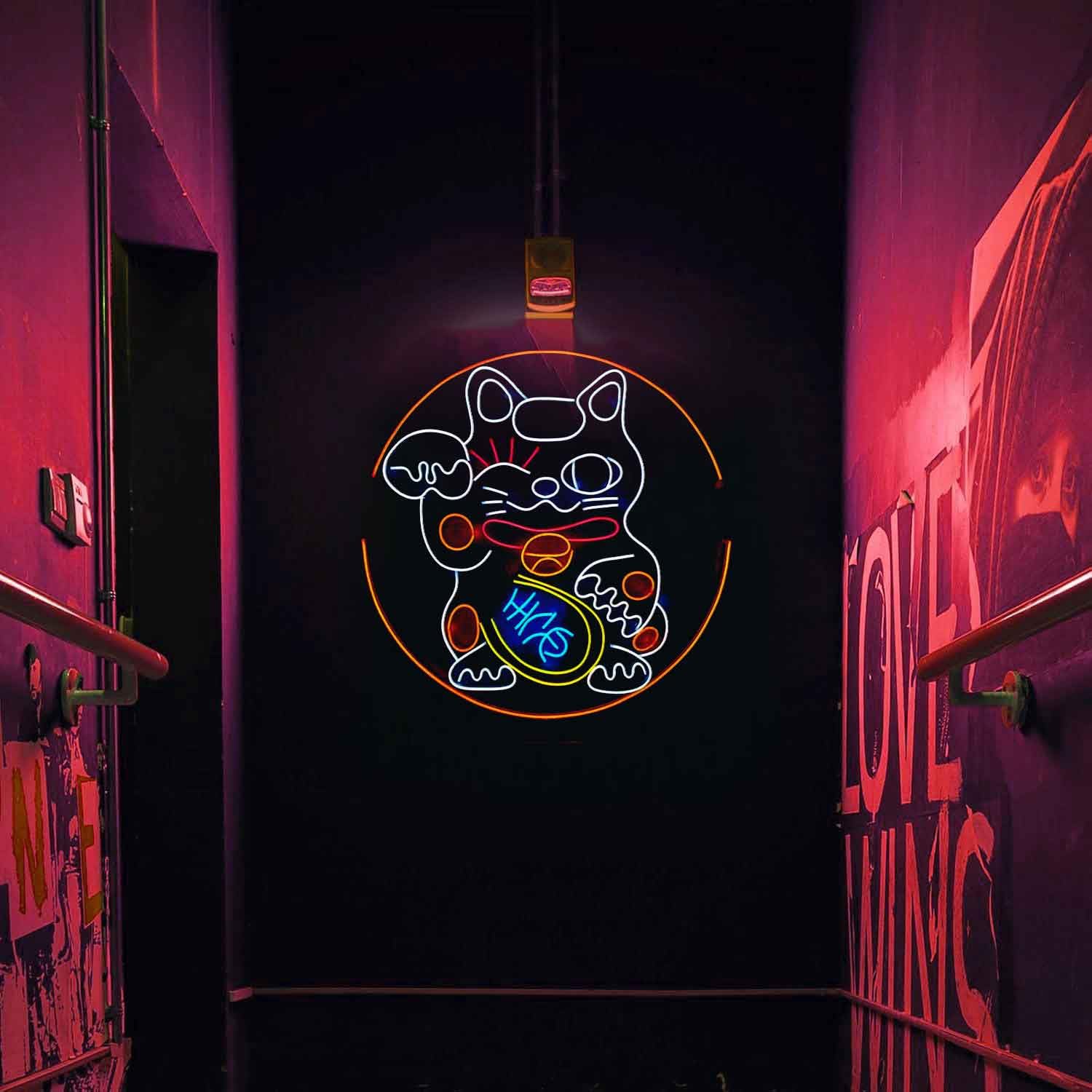 Neonowe znaki z motywem kota Fortune do dekoracji ścian, ściemniany, artystyczny znak LED, jaskinia człowieka, fajne, zabawne lampki do sypialni, pokoju, urocze neonowe znaki świetlne, dekoracje