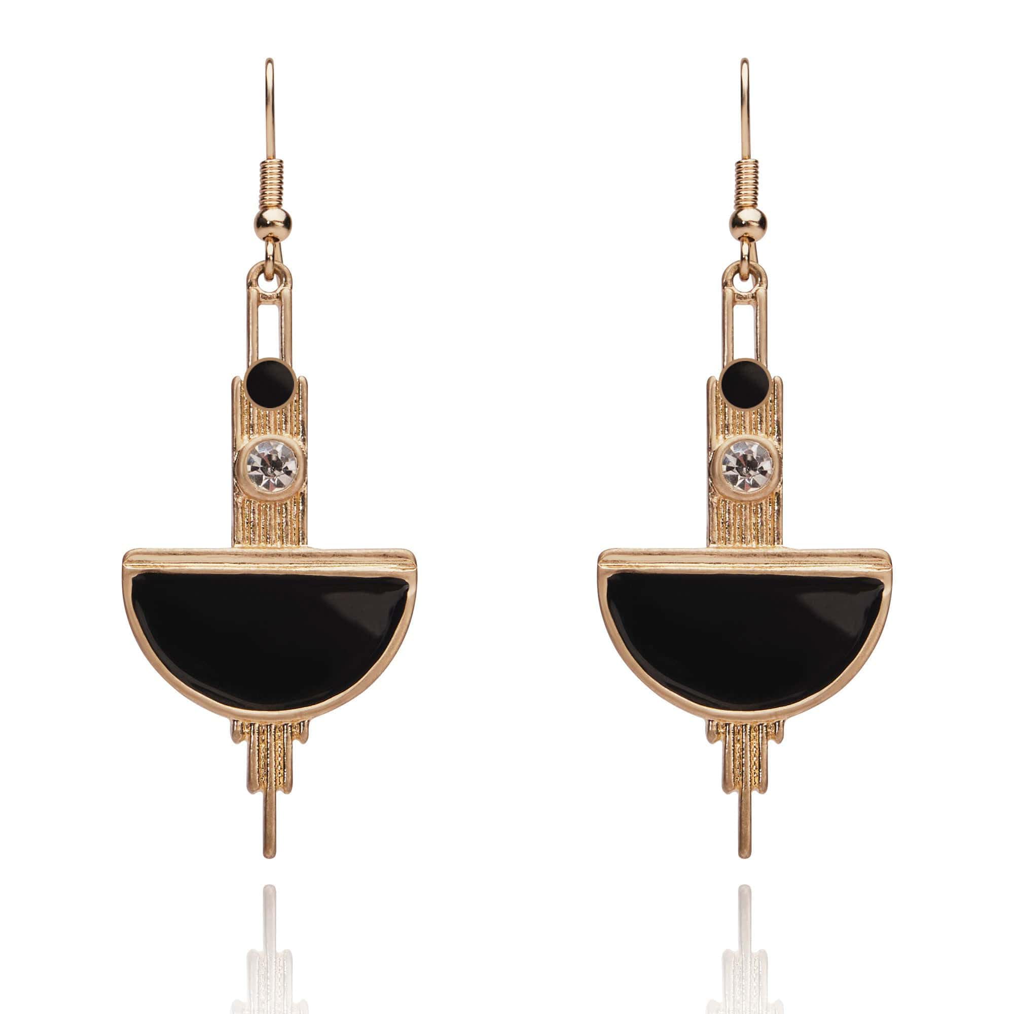 LOVETT& CO Art Deco Black Enamel Earrings - Vintage Crystal Drop Earrings, Elegant Diamante Dangle Earrings for Women, Antique Style Jewellery