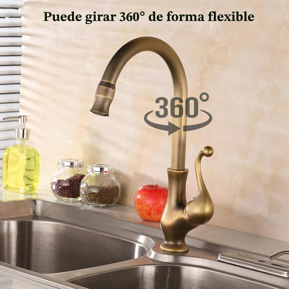 Grifo de cocina (bronce antiguo, monomando de fregadero de cocina, latón retro, grifo mezclador de agua caliente y fría giratorio de 360 °, grifo de lavabo, cuarto de baño, cobre