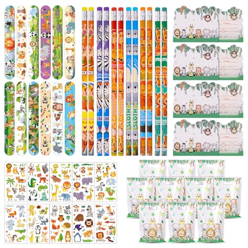 Fzyisw 54 unidades de regalos de cumpleaños infantiles, 12 lápices de animales, 12 pulseras de chupete, 10 tatuajes infantiles de animales, bolsas de regalo y tarjetas de invitación para niños y niñas