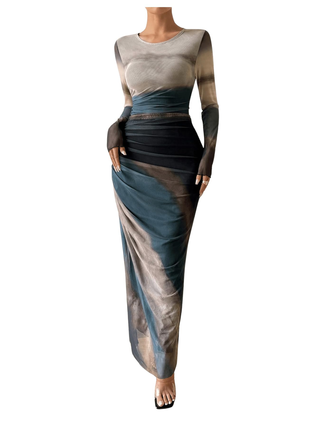 BEAUDRM Women's Fall Wedding Guest Dress Long Sleeve Cocktail Date Night Sexy Y2K Bodycon Ruched Mesh Formal Maxi Dresses