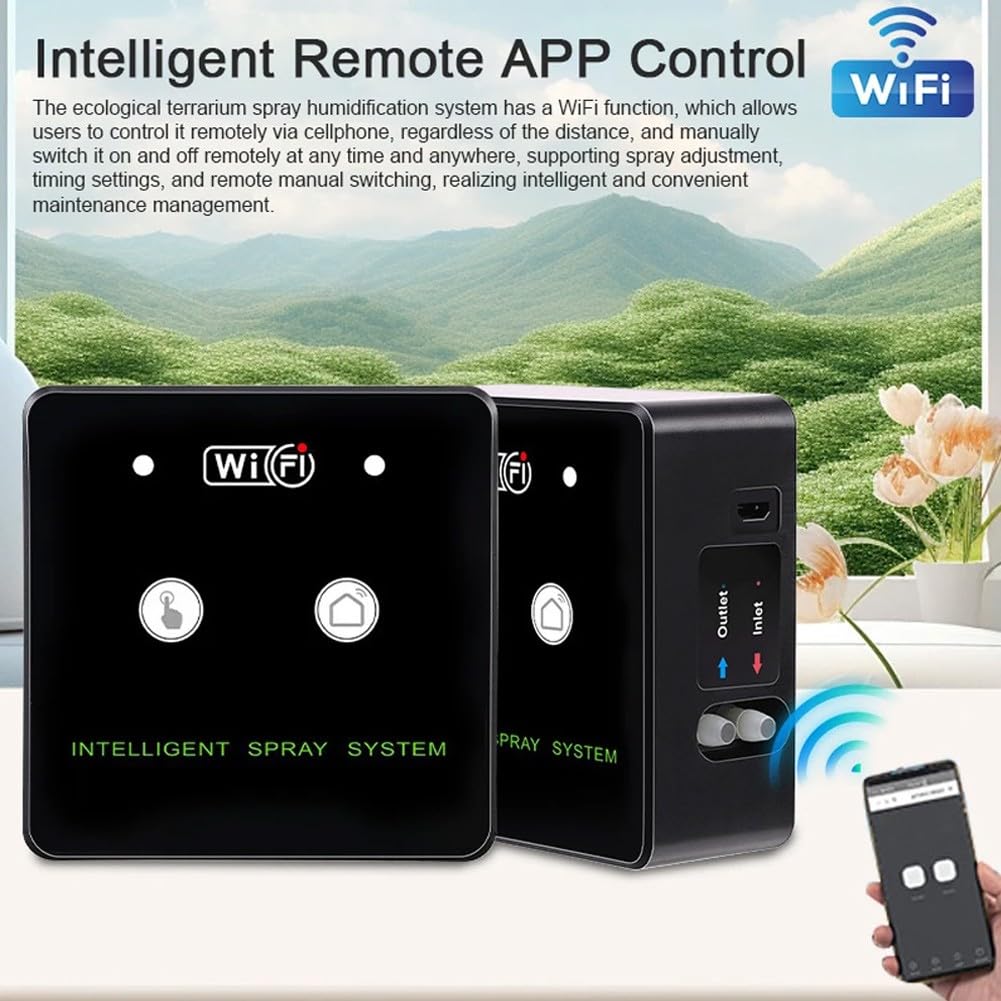 Pulverizador inteligente de terrario giratorio de 360° con control de nebulización temporizado WiFi, humidificador de bosque lluvioso de niebla fina para vivero de plantas de reptiles