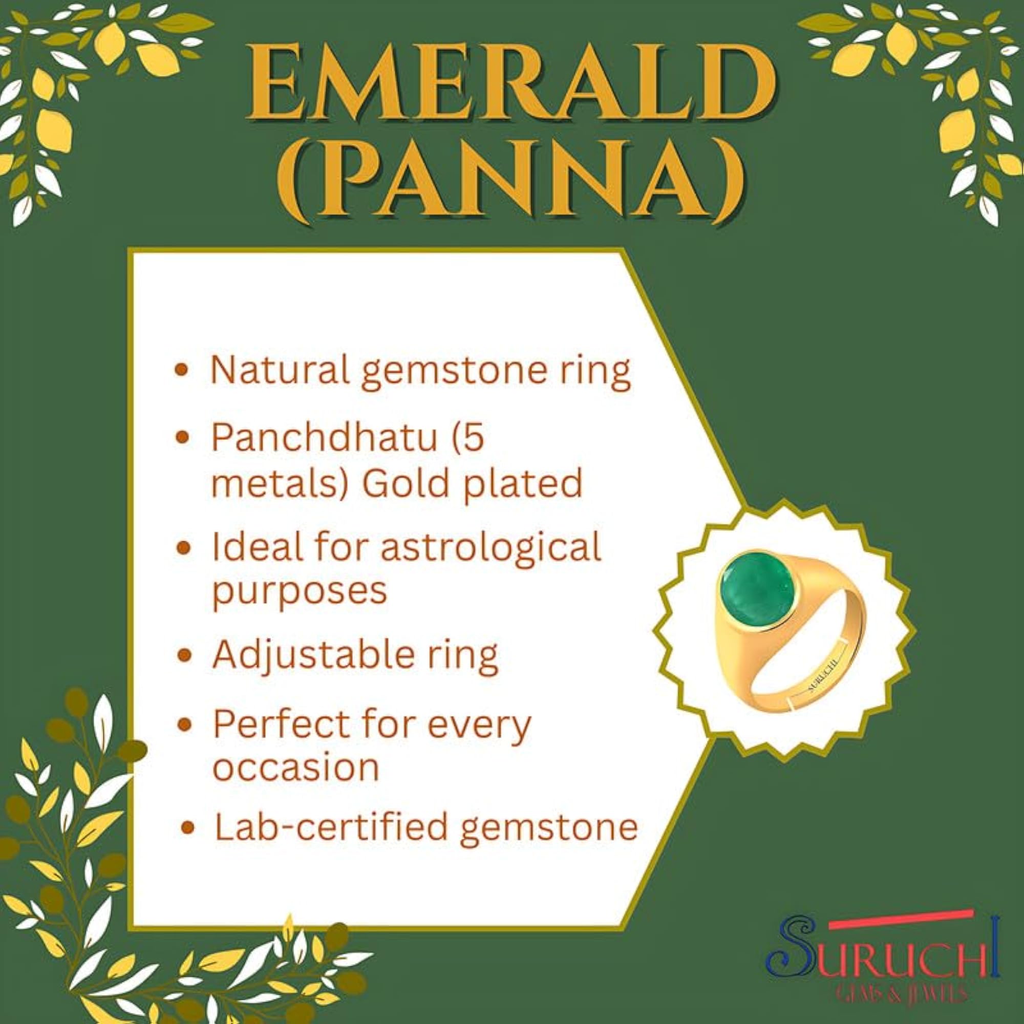 22K Gold Plated Emerald Astrological Gemstone Adjustable Ring for Women