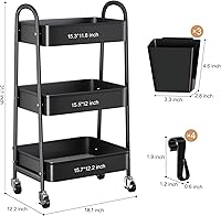Vista 9 de 3 Tier Metal Rolling Cart with Lockable Wheels, Black Three Tiered Utility Storage Organizer Carts on Wheels for Bathroom, Kitchen, Laundry, Garage