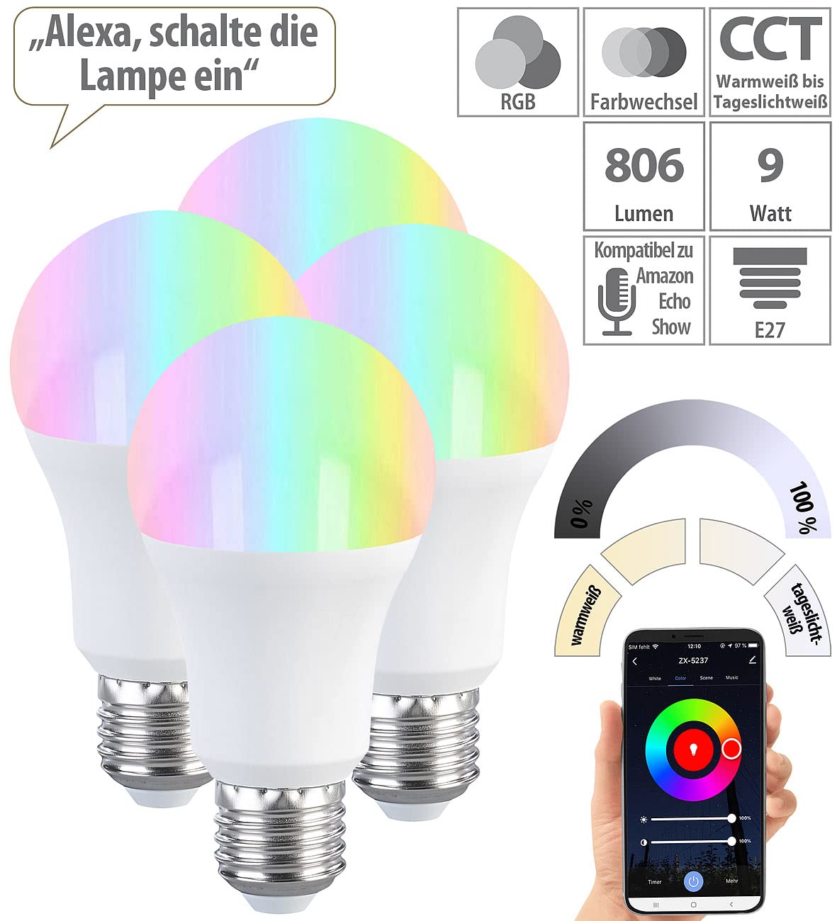 Luminea Home Control 4er-Set LED-Lampen E27, RGB-CCT, 9W, 806 Lumen, ZigBee-kompatibel