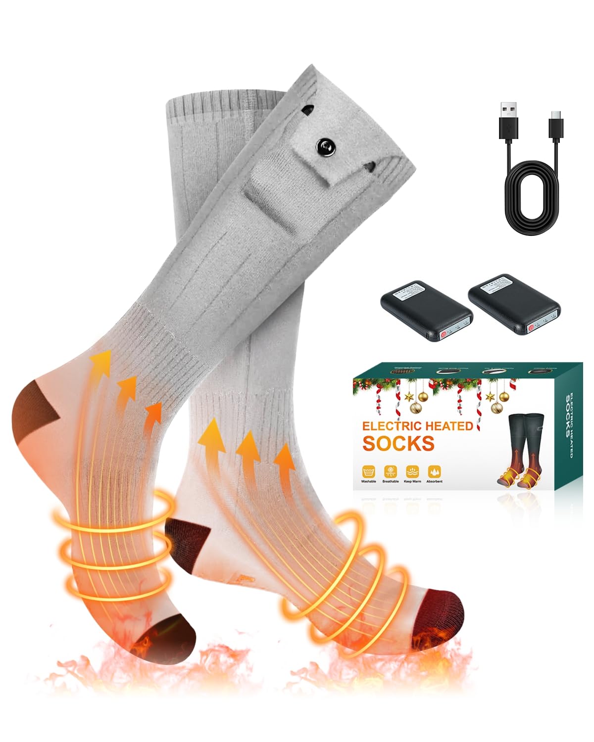 Electric Heated Socks, 3 Heating Settings Washable Heated Sock for Fishing Skiing Hiking Skating, Stocking Stuffers, 5000mAh Rechargeable Electric