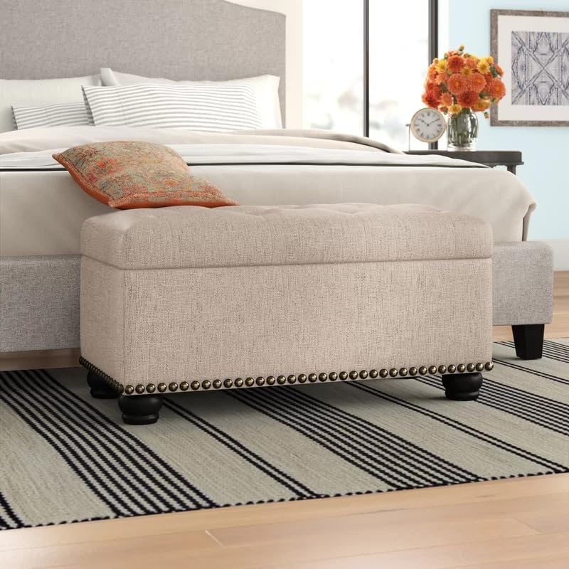 LEGACY OF COMFORT Alease 35.5" Upholstered Storage Bench Flip Top Storage Bench Wooden Base Storage Ottoman Bench Storage Bedroom Bench with Storage (Tan)-image-34