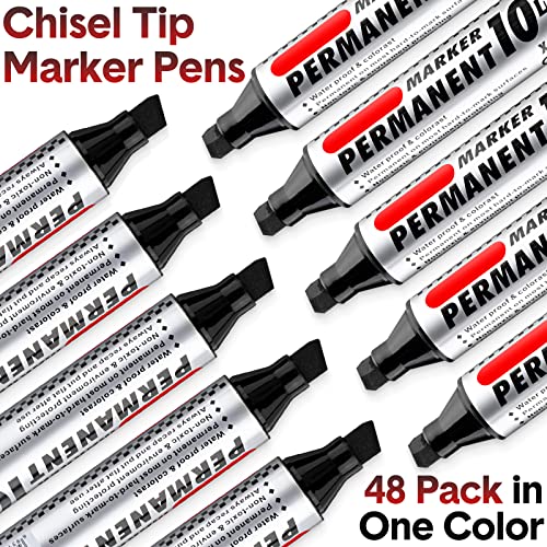 Image of Thenshop 48 Pcs Jumbo Size Permanent Markers Bulk Waterproof Chisel Tip Marker Pens for Industrial Use Work on Wood Metal Plastic Stone Glass(Black)