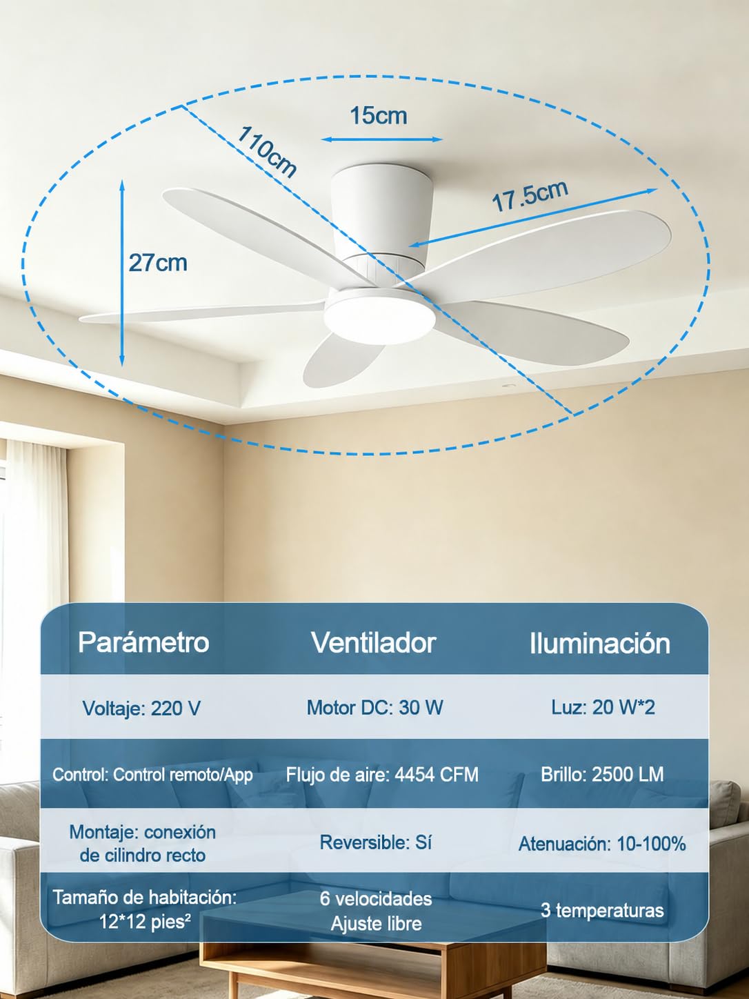 【APP+RGB】Ventiladores de Techo con Luz Silencioso 42'' y control remoto | Función Verano/Invierno,30W, Temporizador, 6 Velocidades, RGB Regulable, Función Verano/Invierno para Dormitorio Salon Cocina