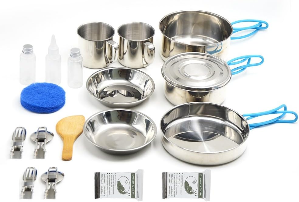 VENNOBIA Small Camping Cookware,11 Pieces Gift+9 Pieces Stainless Steel Mess Kit Backpacker Camper & Hiking Outdoors Bug Out Bag Cooking Set - Lightweight, Compact & Durable Pot Pan (2 Person)