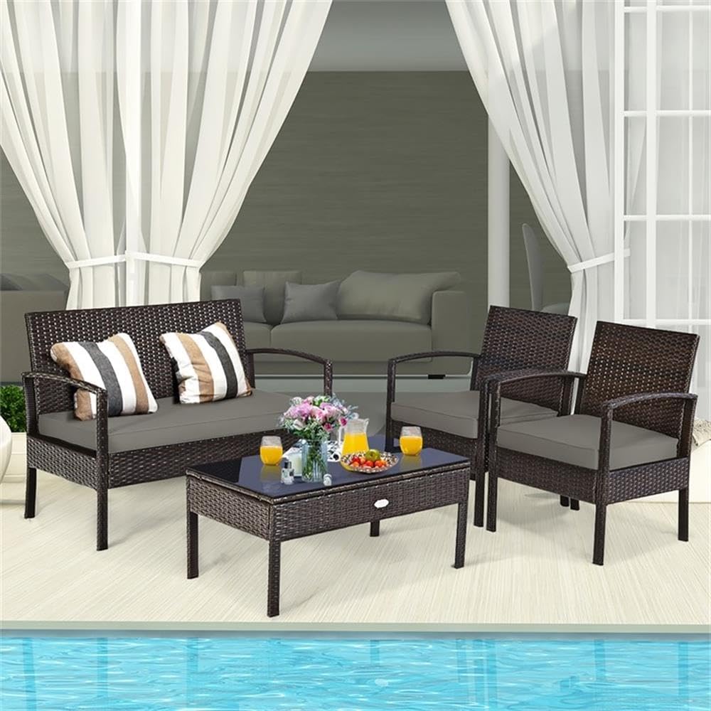 Pemberly Row 4-Piece Patio Rattan Wicker Furniture Set, Brown, Steel Frame with PE Rattan, Cushioned Seats, Tempered Glass Coffee Table, Outdoor Sofa Set for Garden, Backyard, or Patio