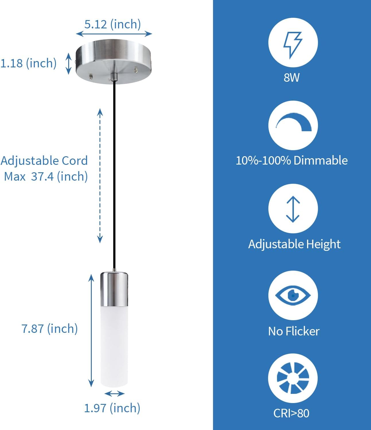 Jolux Chrome Pendant Light Hollow Cylinder Pendant Light for Kitchen Island & Dining Room - 5CCT Dimmable Fixtures with Modern Design, 8W 2700-5000K, Easy Installation & Flicker (1Pack)