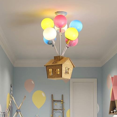 Miniatura 6 de NERDOH Lámpara de techo LED para niños, lámpara de techo creativa de dibujos animados con globos, diseño de casa de madera, lámpara de techo para