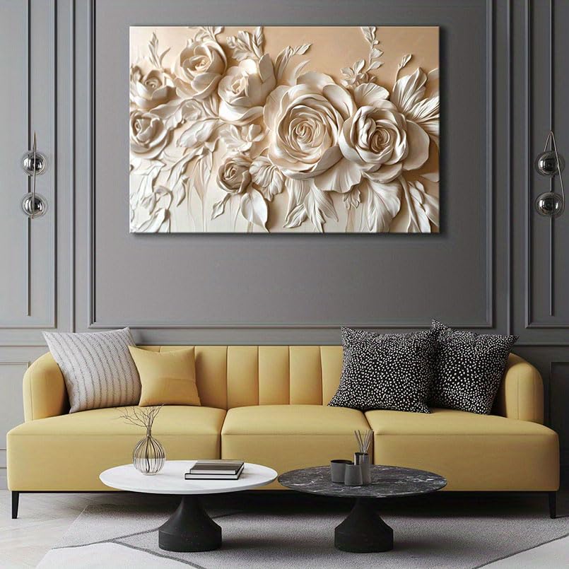 VCBNUGH Decorazione murale floreale, stampa su tela con rose beige, poster su tela, decorazione per camera da letto/soggiorno (60x90 cm/con cornice)