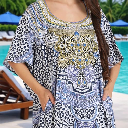 Image of Miss Lavish London Kaftan for Women Dress V Neck Summer Swimsuit Cover Up Blue Caftan Maxi Beach Dress, Plus Size African Kaftan with Batwing Sleeves, Side Slit & Pockets on Both Sides-Blue-2XL