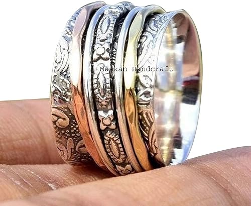 Solid 925 Sterling Silver Flower Floral Three Tone Hammered Meditation Spinner Ring For WomenGirls