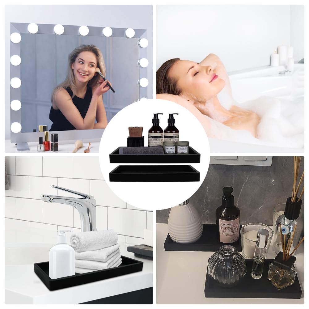 2 Pcs Bandejas de Baño, Bandeja Rectangular Negra,Bandeja Baño, Bandeja Almacenamiento Baño para Tocador,Fregadero de Cocina Y Bandeja de Silicona para Baño