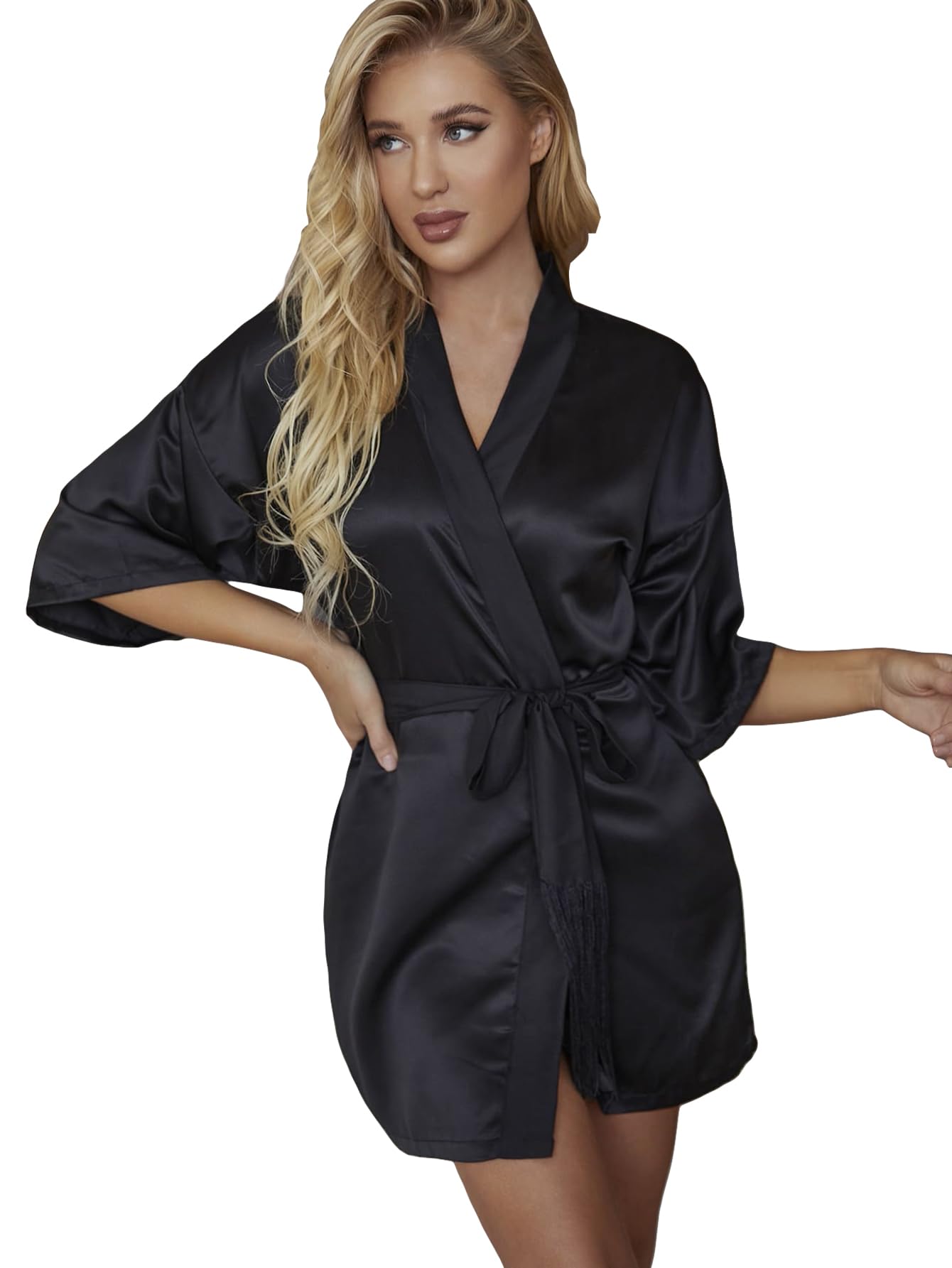 GORGLITTERWomen's Half Sleeve Satin Short Kimono Robe Belted Bathrobe Dressing Gown