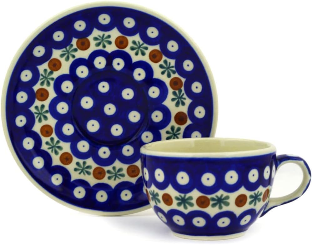 Polmedia Polish Pottery Cup with Saucer - Mosquito Pattern Handmade in Boleslawiec Poland by Ceramika Artystyczna + Certificate of Authenticity