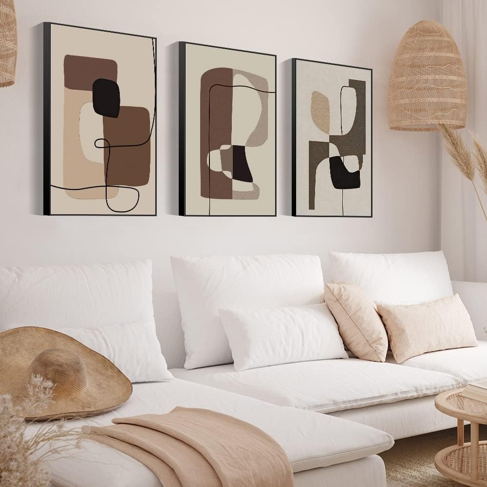 FCHUI Modern Aesthetic Decor 24 x 32 Framed Wall Art,Neutral Black, White And Gray Abstract Lines Color Block Canvas Posters  Prints, Home Wall Decor Natural Living Room Bedroom Bathroom