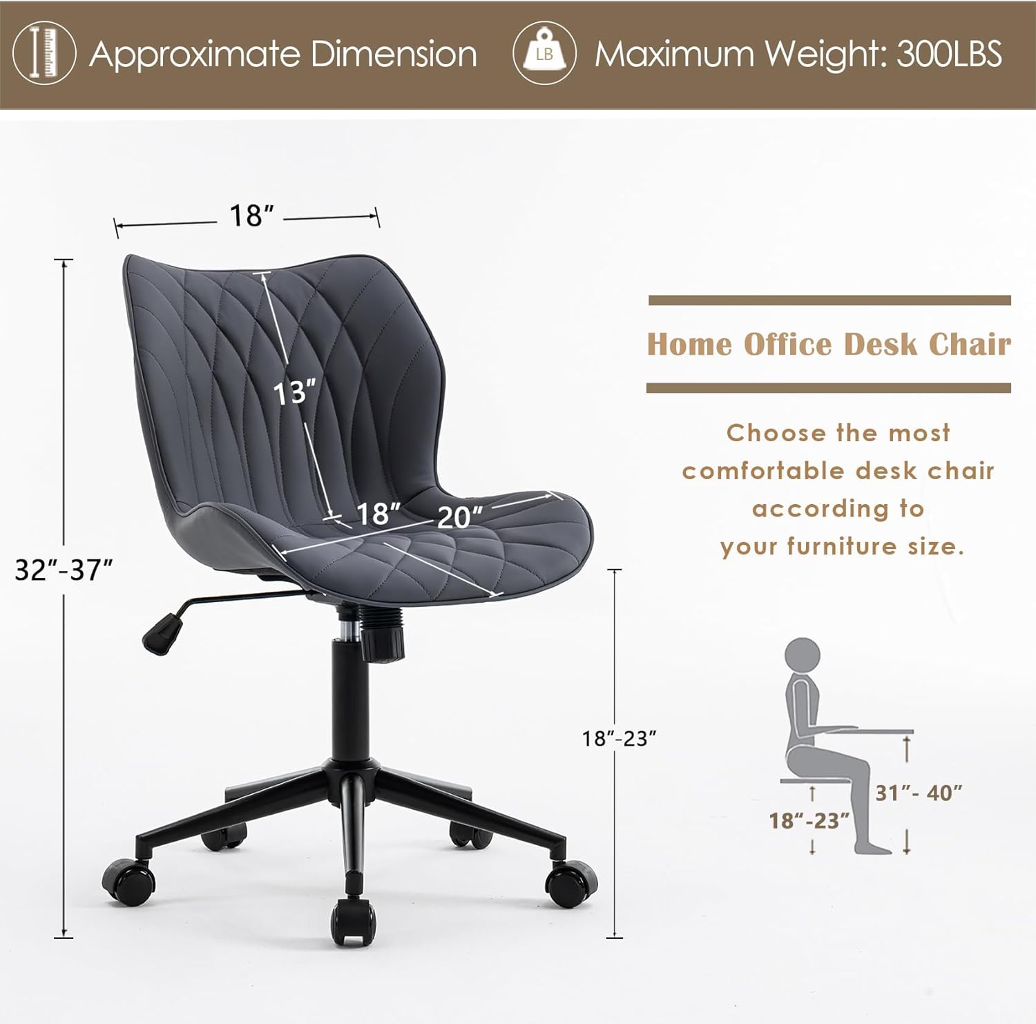 Condition photo showing As Is for YOUNUOKE Armless Desk Chair Comfy Office Chair with Wheels HomeTask Chair Adjustable Computer Chairs Modern PU Leather Swivel Chair Upholstered Makeup Vanity Chair(Grayish Purple)