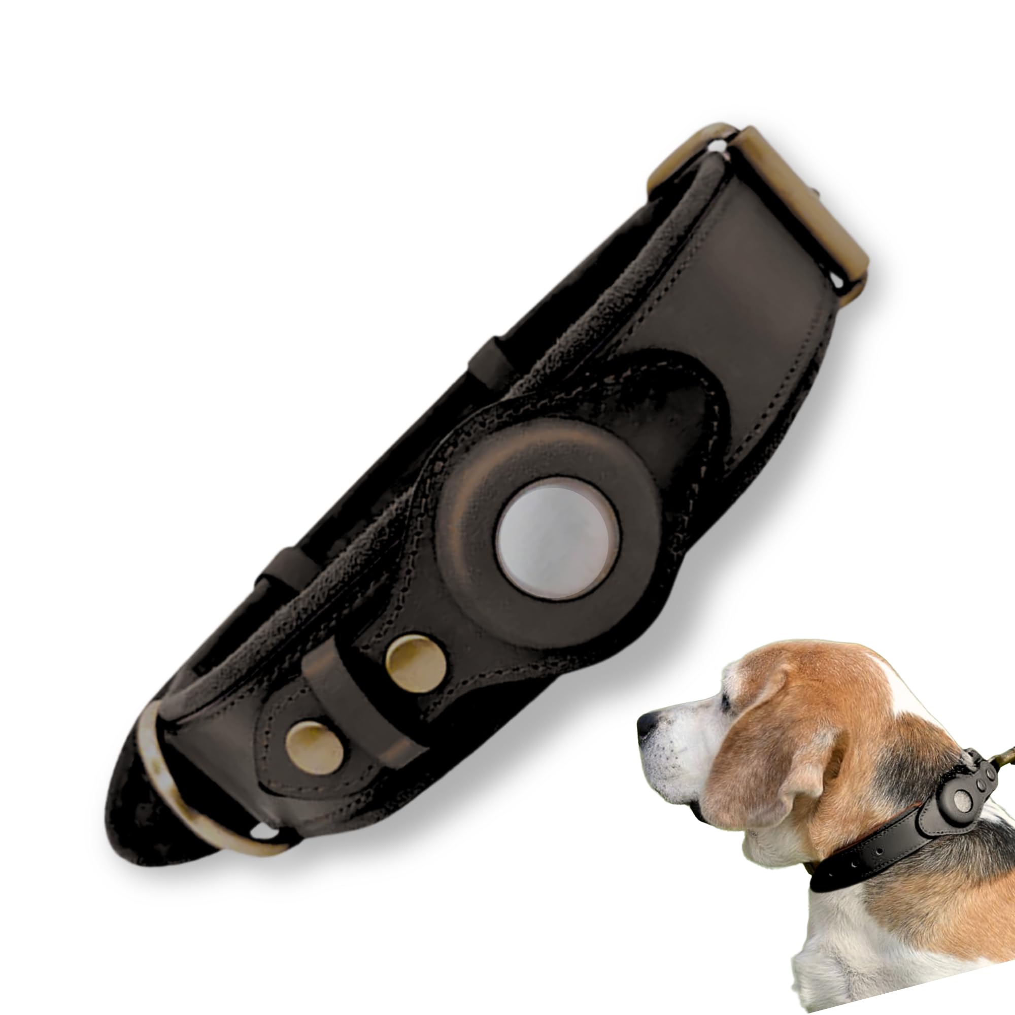 Collar de Perro de Cuero Genuino, Collar de Perro para Apple AirTag, de Piel auténtica con un Soporte AirTag Integrado, Ajustable, para Razas de tamaño Mediano, Color Negro (Negro Sin Localizador)
