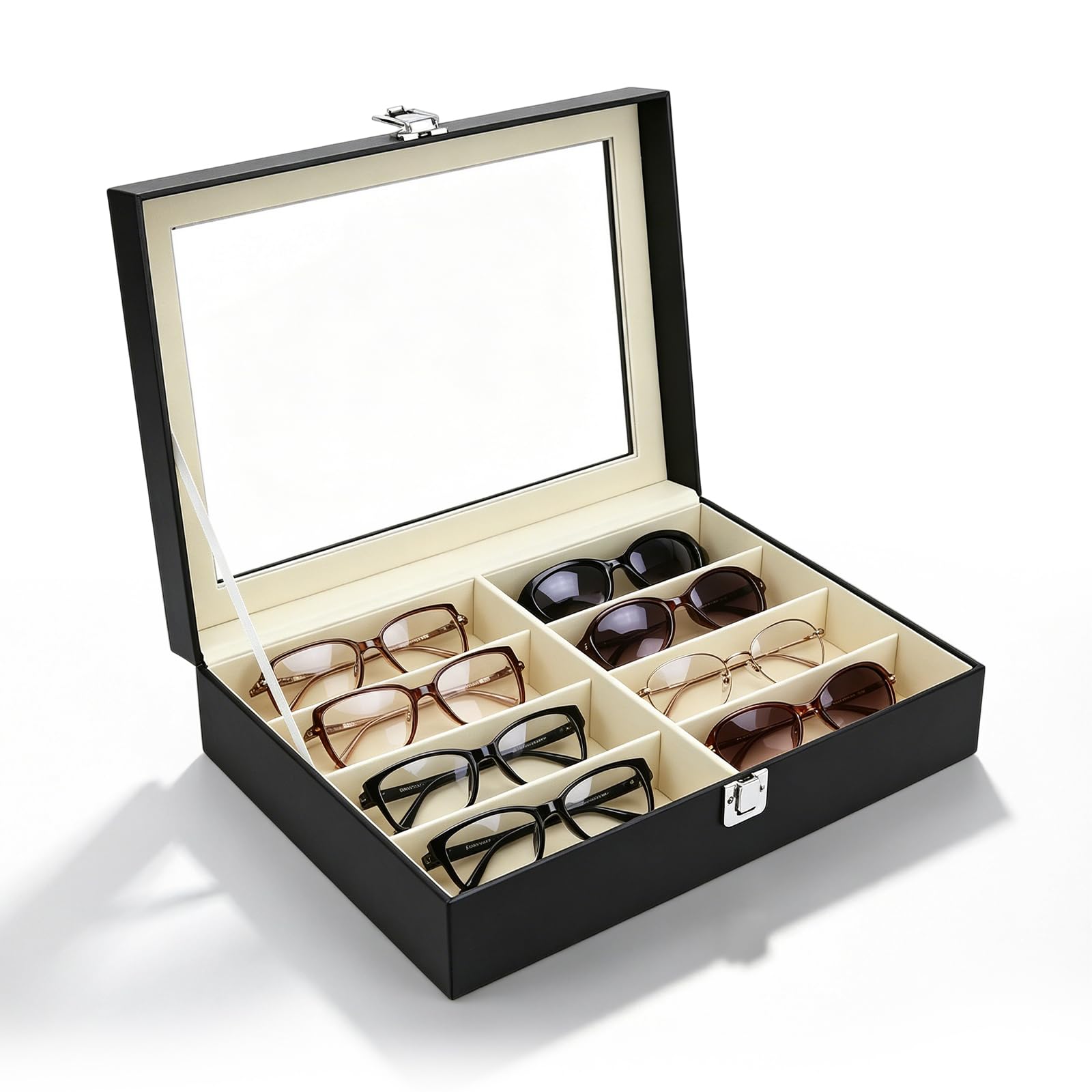 Sunglasses Organiser, Glasses Storage Box Organiser, 8 Compartments, Velvet Glasses Box with Transparent Lid, Jewellery Tray, Watch Jewellery, Stackable Glasses Case for Family Business (Black)