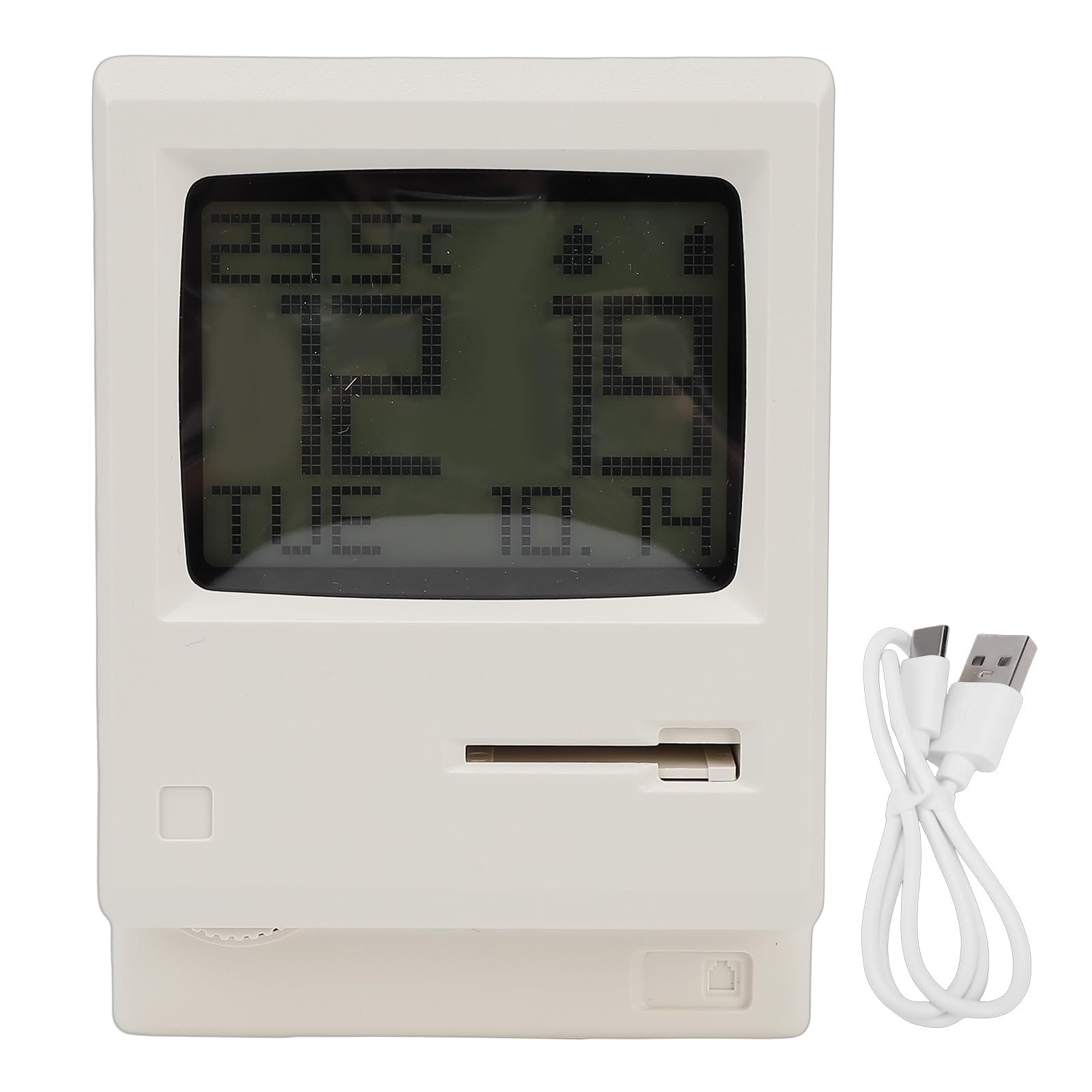 Pissente Vintage Pixel Alarm Clock, USB Powered Desk Clock Electric LED with Retro Computer Style Display Silent Operation 1200mAh Battery for Home Office Bedroom Gaming Setup