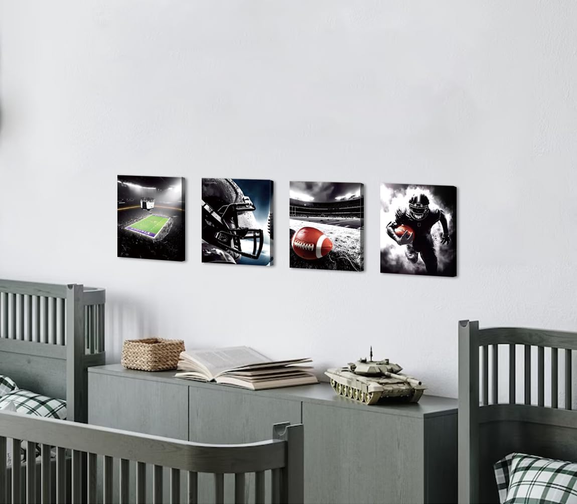Framed American Football Sport Canvas Wall Art,American Football Prints, Set of 4 (8"X10") Rugby Art Poster, Black White Gym Artwork Prints for Bedroom Man Cave Boy's Bedroom Decor