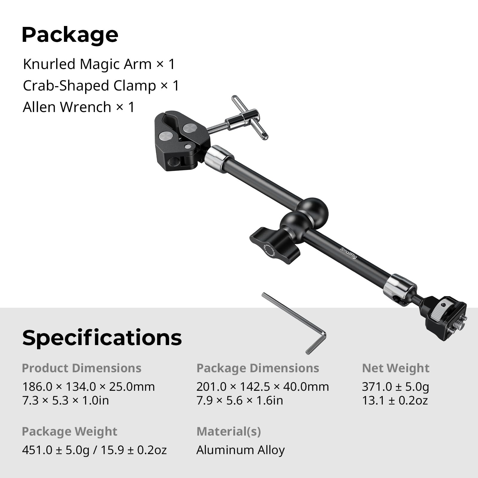 SMALLRIG Bras Magique de 11 Pouces avec Pince en Forme de Crabe, Bras avec vis 1/4"-20 et Broches rétractables, pour caméras d'action, moniteurs, Lampes vidéo et Microphones - 5311
