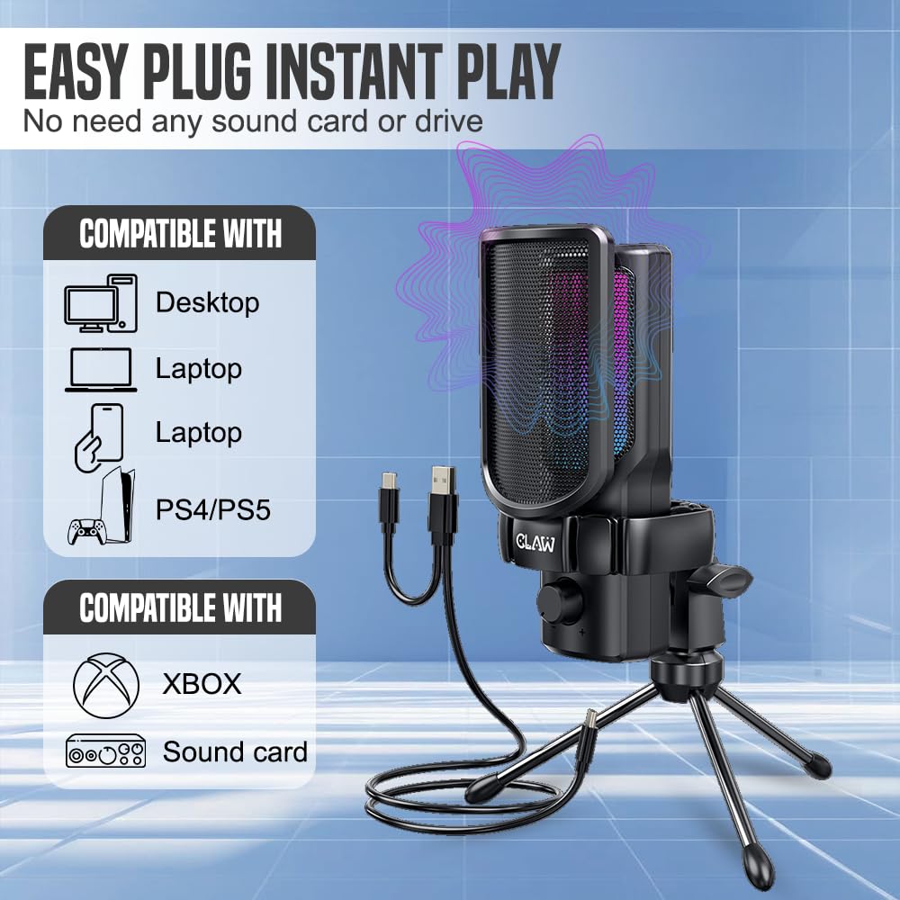 CLAW GM17 Microfono da gioco RGB a condensatore con cardioide, manopola di guadagno, jack per il monitoraggio delle cuffie, Touch Mute, filtro pop, tipo C per streaming, podcast, YouTube, Twitch