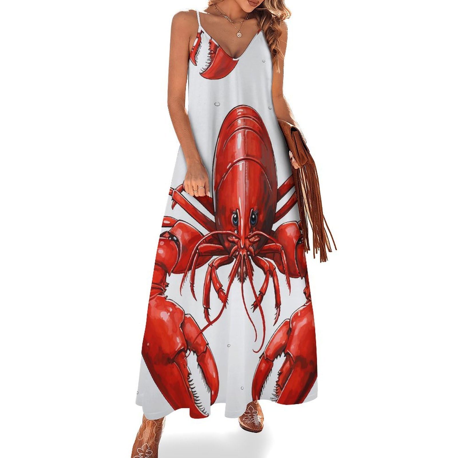 Fodpand Women's Style Summer Maxi Dress Casual Spaghetti Strap Red Lobster Print Sundress Sleeveless Flowy Nightdress, Xxl