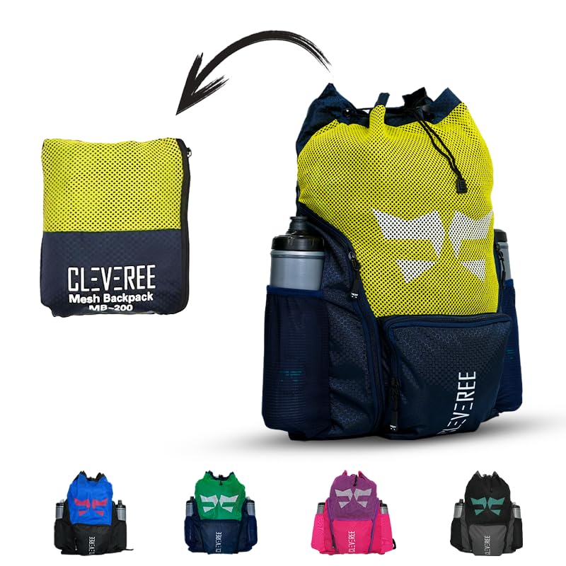 CLEVEREE Sports Mesh Backpack for Travel Swimming Football Beach Basketball Gym - Breathable - Waterproof Pocket - Shoe Compartment Pocket - Yellow