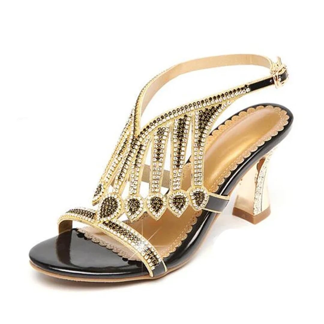 Sandalias básicas de cuero con diamantes de imitación para mujer, correa trasera, tacón cuadrado, tacón alto, sandalias de verano para boda
