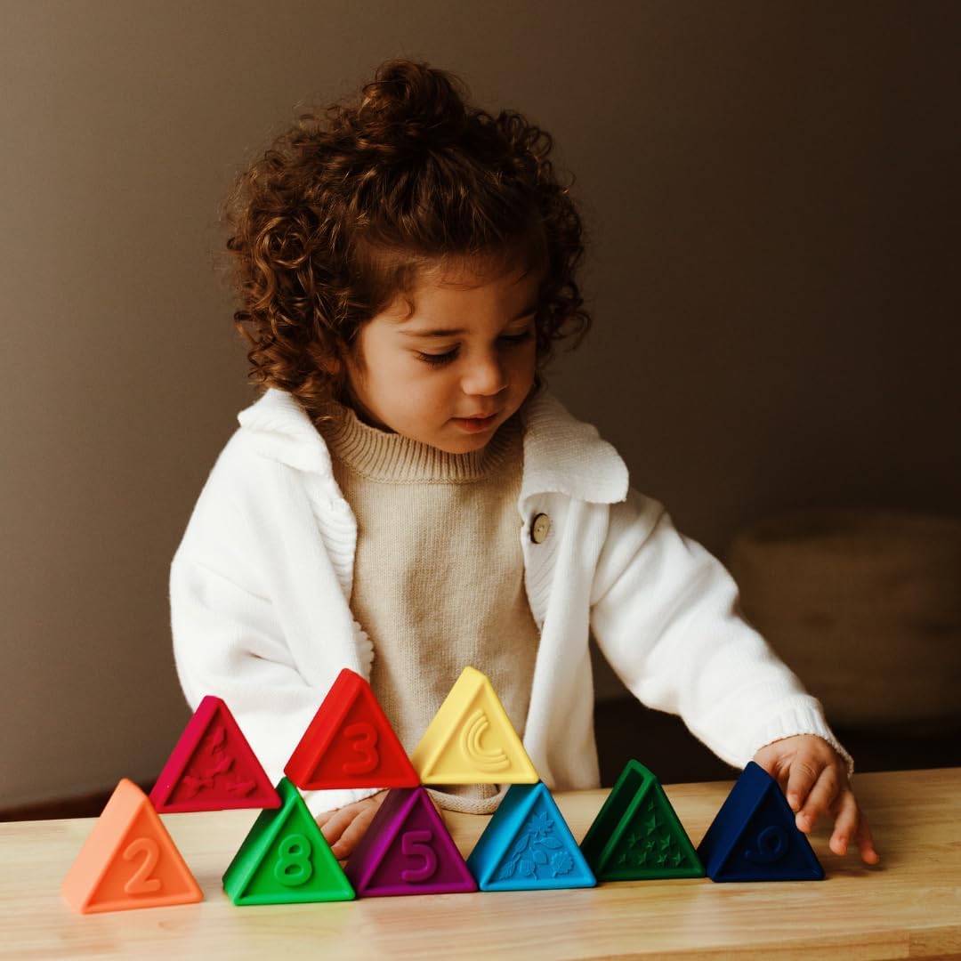 Triblox Rainbow, 9 Soft Silicone Triangle Blocks with Numbers and Illustrations - Counting, Building and Stacking Toy