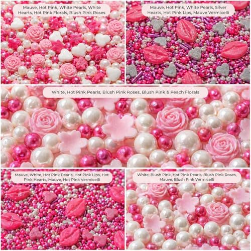 Image of Confect Pink Mini Roses, Silver Hearts, Vermicelli & White Pearls - Vegan, Gluten-Free, Nut-Free, Soy-Free, Dairy-Free Cake & Baking Sprinkles - Perfect for Anniversaries & Special Occasions - 140 Gms