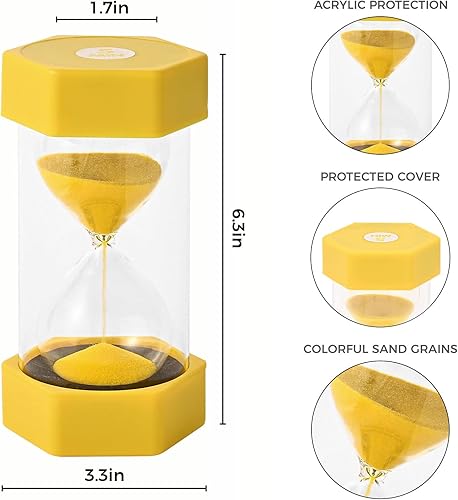 Miniatura 2 de Temporizador de arena para niños, amarillo de 5 minutos, reloj cubierto de acrílico de reloj de arena de 6.3 pulgadas para aula, hogar y habitación