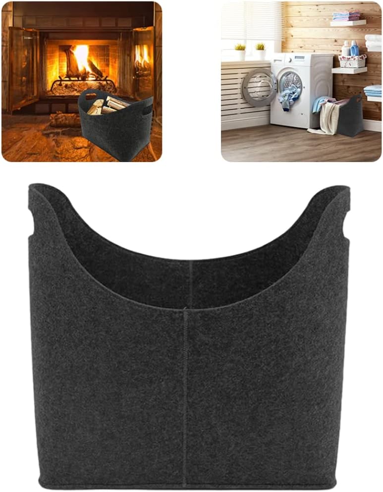 Felt Firewood Basket Foldable Fireplace Storage Bag Fireside Wood Carrier Holder Black.