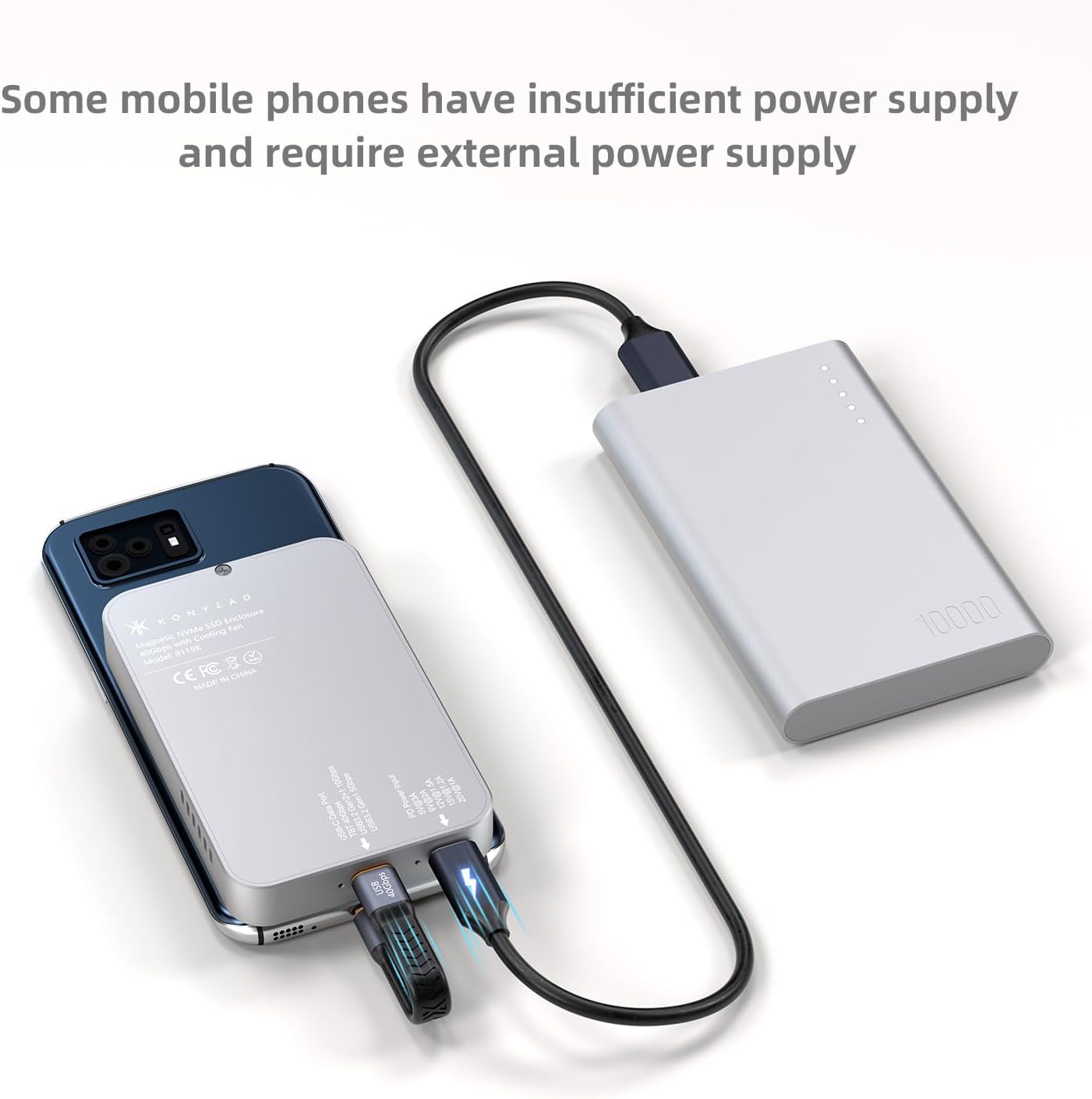 Magnetic USB-C 40Gbps NVMe SSD Enclosure for iPhone 15 Pro Max ProRes,USB to 2280 NVMe PCI-E Adapter, Aluminum External SSD Case with Cooling Fan for MacBook/ iPad Pro/Android