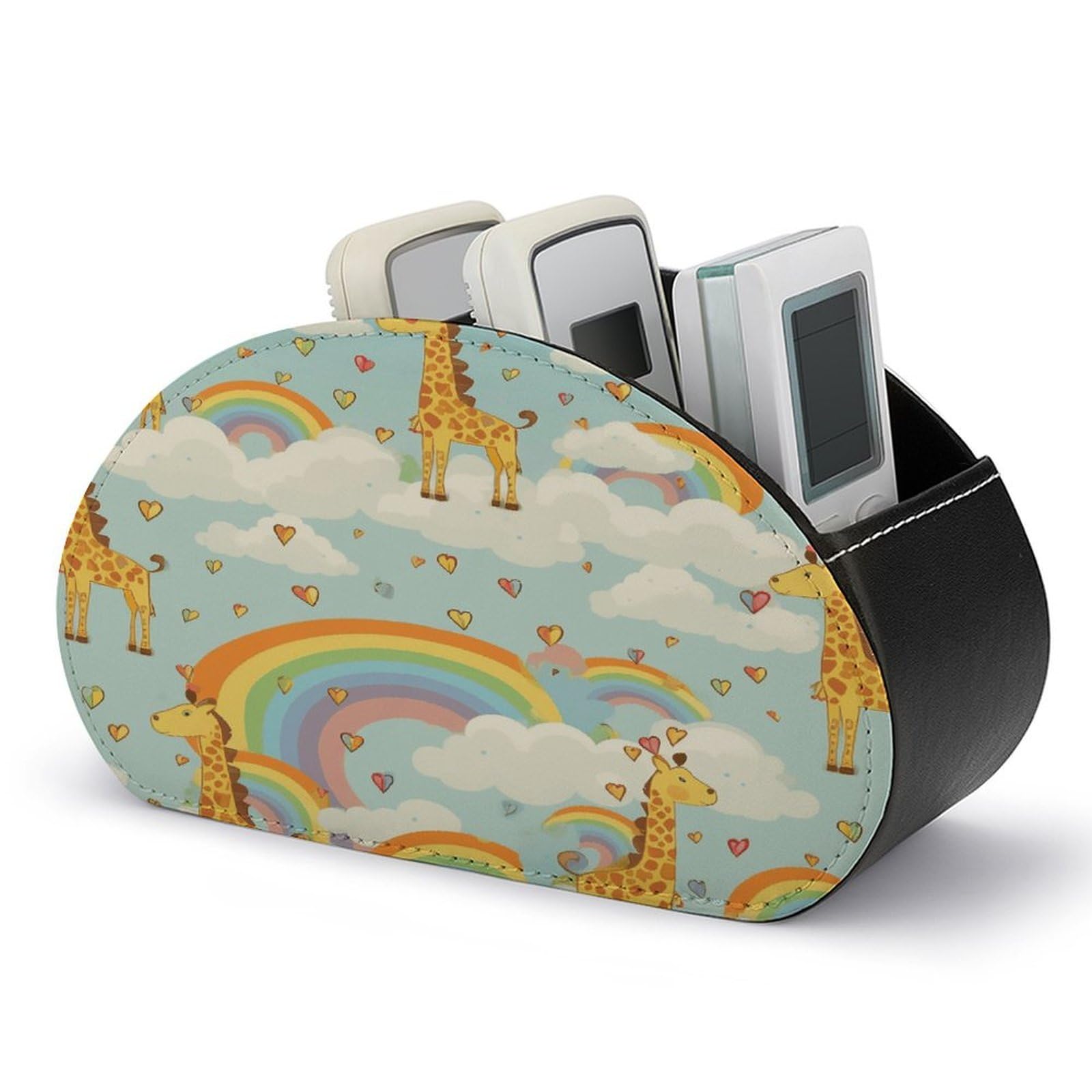 VstaDank Cartoon Giraffe Rainbow Clouds Remote Control Holder with 5 Compartments TV Remote Caddy Box PU Leather Multifunction Office Desk Storage Box Bedside Table Desk Storage Organizer