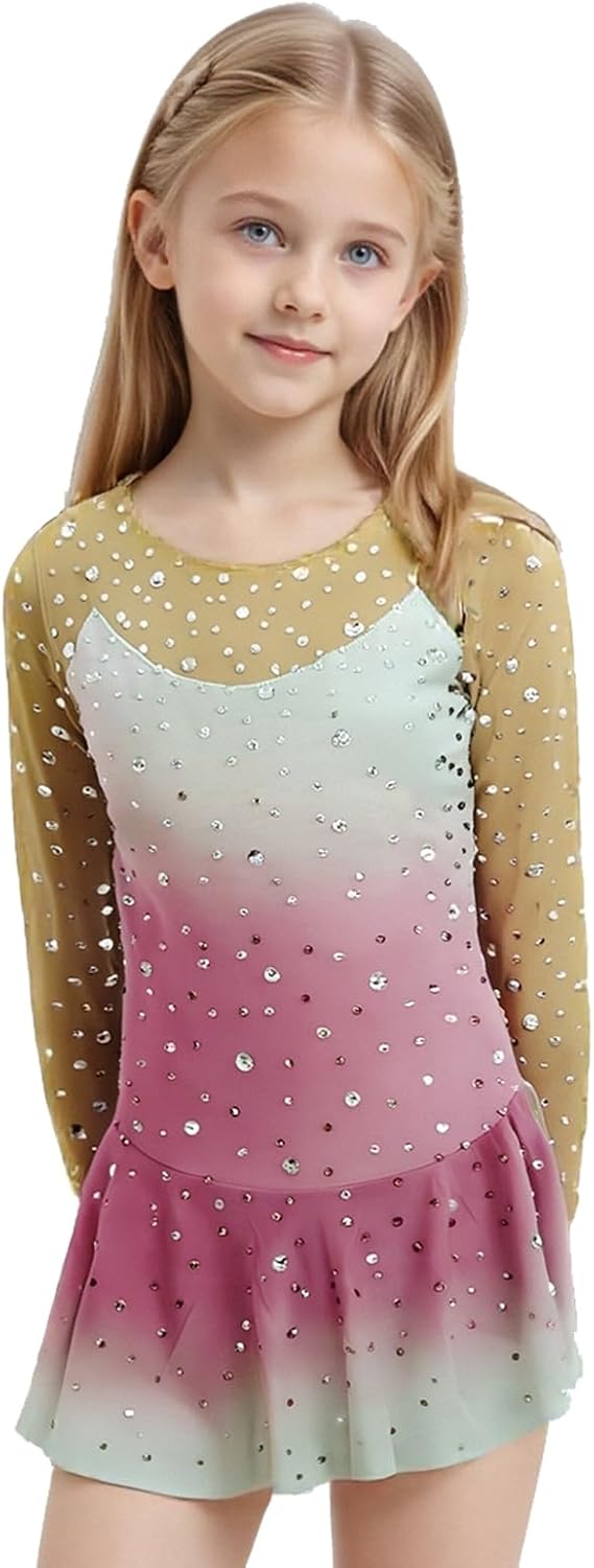 LIUHUO Figure Skating Dress Girls' Long Sleeves Competition Womens Elegant Handmade Crystal