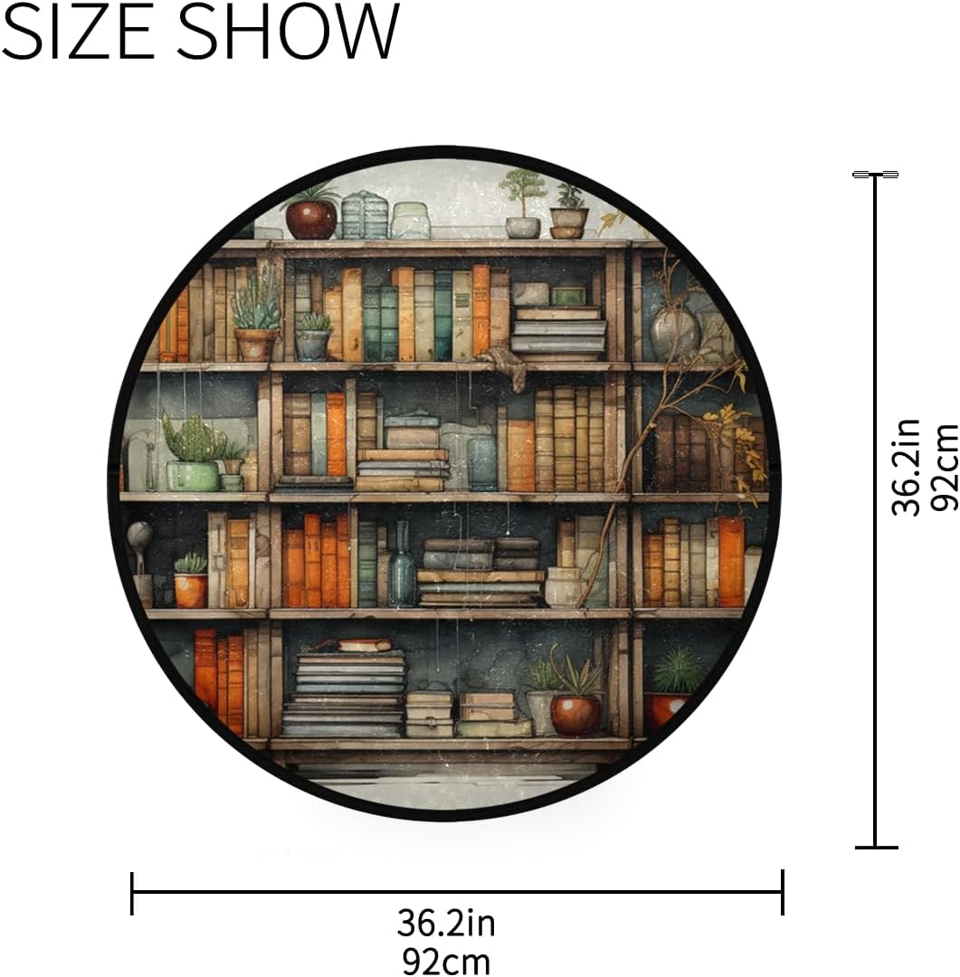 3ft Bookshelf Round Area Rug Washable Non-Slip Soft Ideal for Kitchen Living Room Bedroom Bathroom