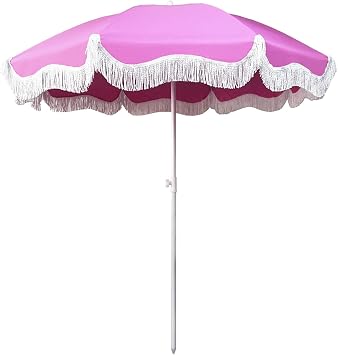 Fringe Beach Umbrella UPF 50+ Boho Outdoor Umbrella Patio Umbrella with Tassel Removable Waterproof Adjustable Tilt Height Adjustable for Garden Deck Backyard Pool - Pink/White/Blue and White Stripe