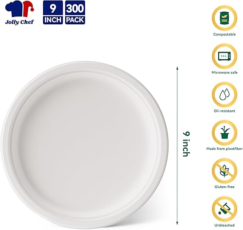 Miniatura 2 de JOLLY CHEF Platos 100% compostables resistentes de 9 pulgadas (paquete de 300) platos de papel blanco desechables ecológicos hechos de bagazo