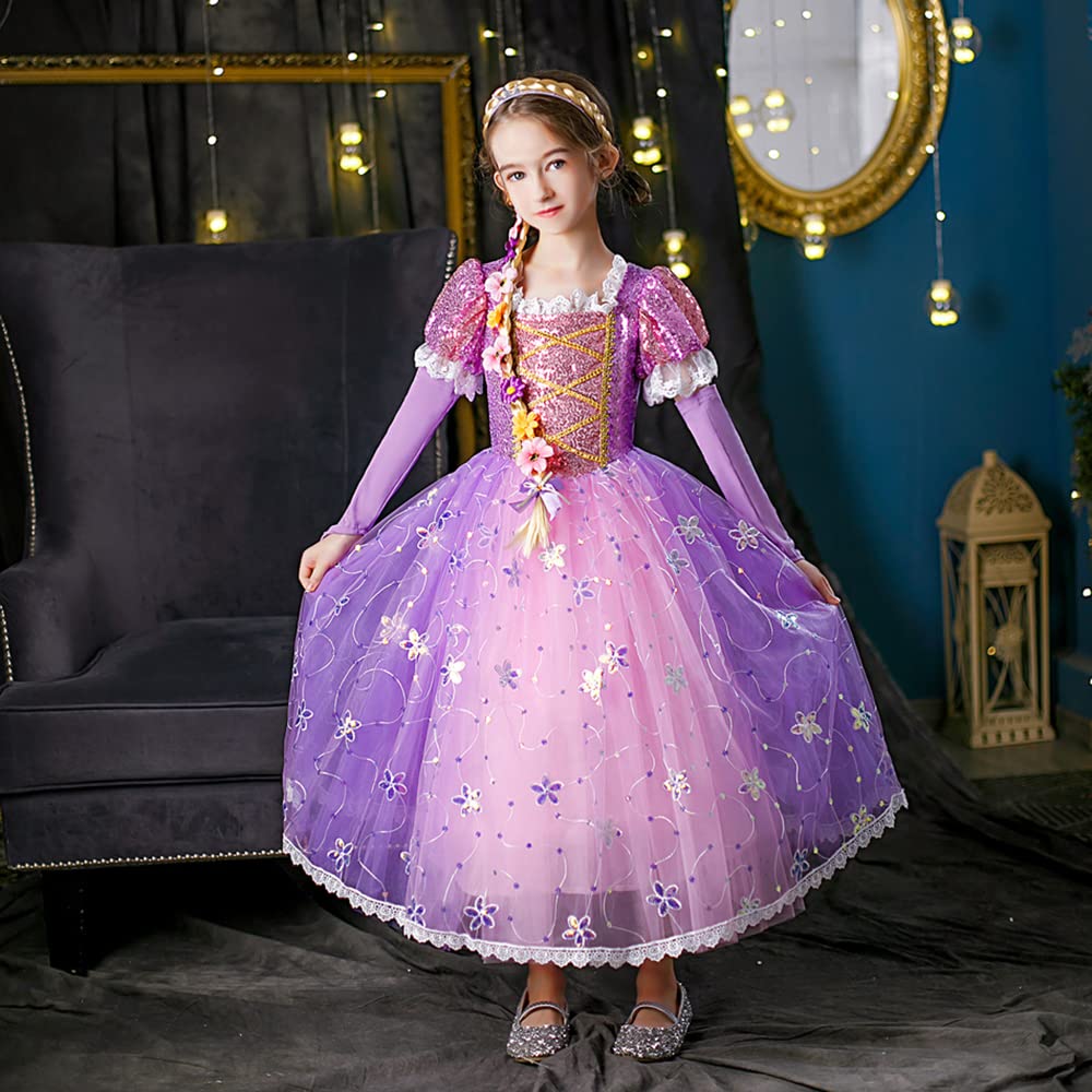 HEYOUTH Deguisement Robe Princesse,Bébé Fille Raiponce Robe,avec 7 Accessoires,Tulle Maxi Costume Carnaval Fille, Déguisement Anniversaire Fête Halloween Noël Partie Carnaval Cosplay
