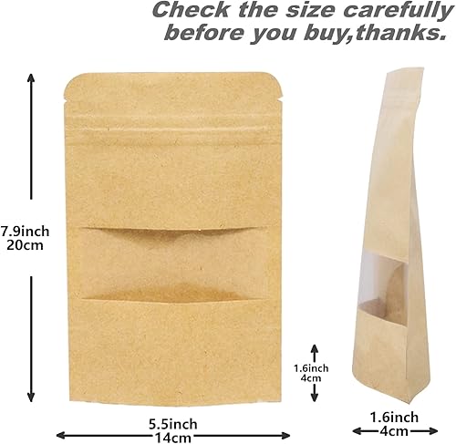 Miniatura 3 de Paquete de 150 bolsas de papel kraft Ziplock de pie con ventana frontal mate para almacenamiento de alimentos, contenedores de embalaje resellables,