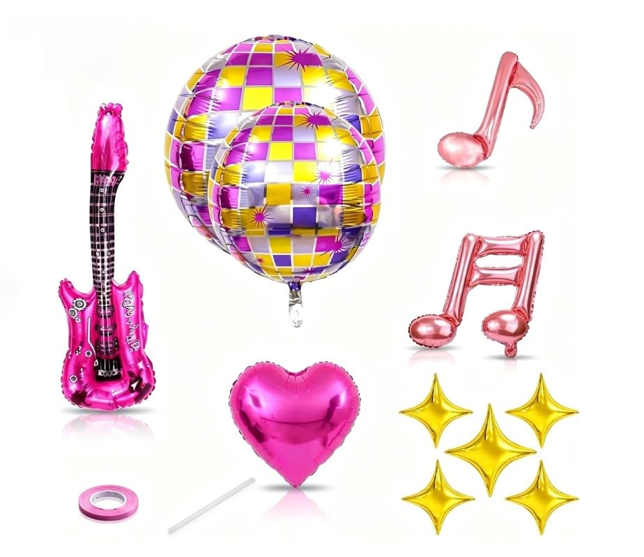 15 Pcs Disco Ball Balloons Set, 4D Shining Mirror Foil Balloons with Pink Guitar Music Note for 70s 80s 90s Retro Theme Party, Disco Party Decorations for Birthday Graduation