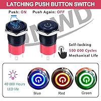 Vista 2 de Interruptor de botón de metal resistente de 0.630 in, resistente al agua, 20 amperios, 12 V-24 V, encendido/apagado, 1 no, 4 pines con enchufe