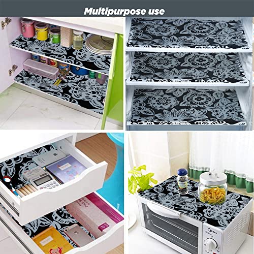 Image of Waterproof PVC Refrigerator Drawer Mats /Multipurpose Mat /Fridge Mats Set of 3 Pcs (Floral Black, Size -17.5X11.5 Inch)