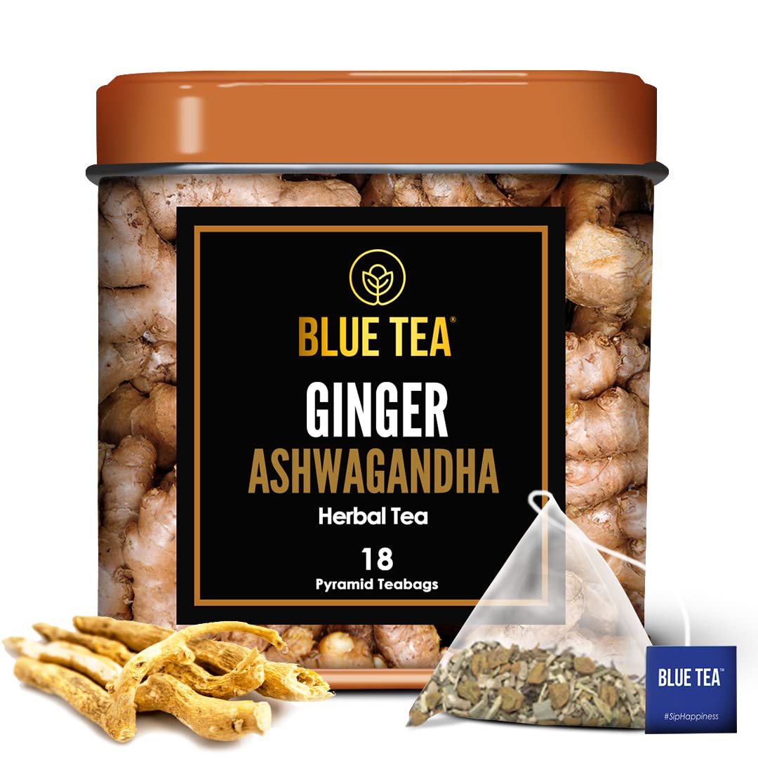 BLUE TEA - Ginger Ashwagandha Tea - 18 Tea Bags - Plant Based || AYURVEDIC BLEND || Anti-Oxidant - Caffeine-Free - Non-GMO - Gluten Free - 100% Natural | Featured In Shark Tank | Tin Pack
